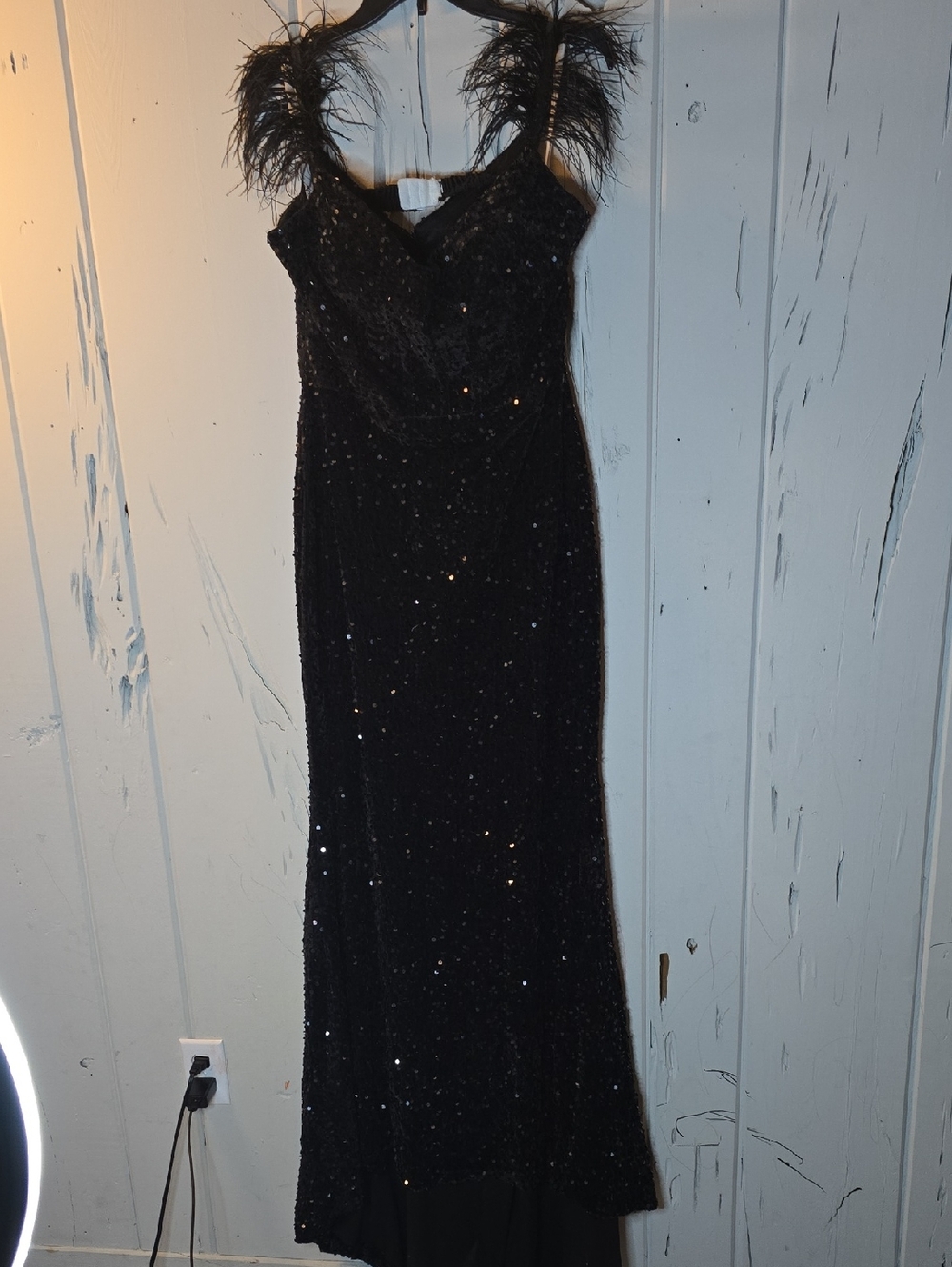 Elegant Black Feather-Trim Evening Dress